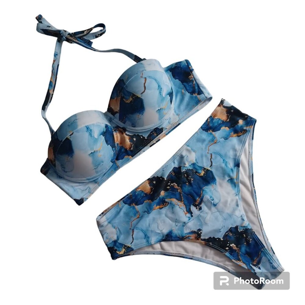 Celestial Swimsuit Two Piece Bikini Plus Size 1X Blue/White Marble NEW -Push Up